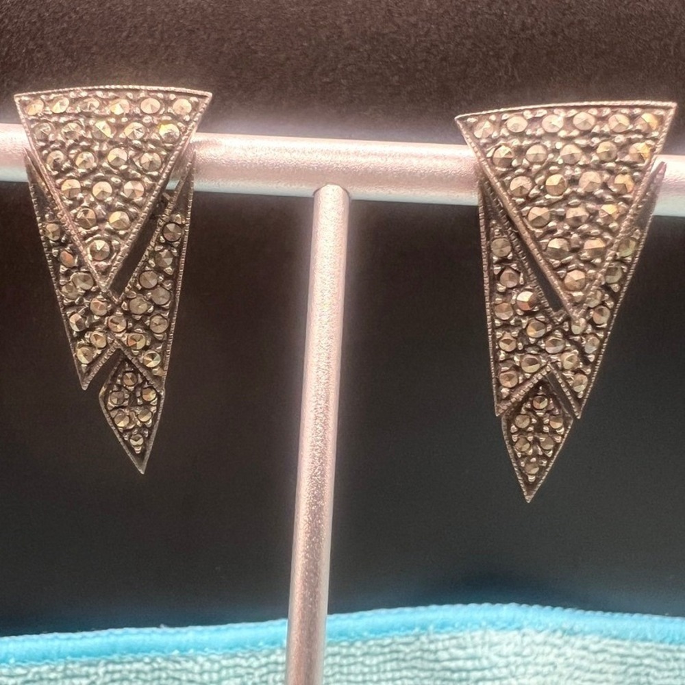 Vintage Sterling Silver Post Earrings Articulated Marcasite Art Deco Revival 1.3